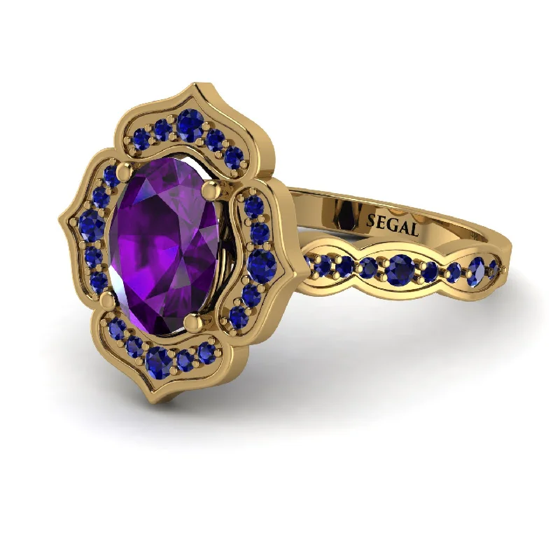 Personalized Ring with Custom Engraving-Decorated Halo Oval Amethyst Engagement Ring - Faith No. 313