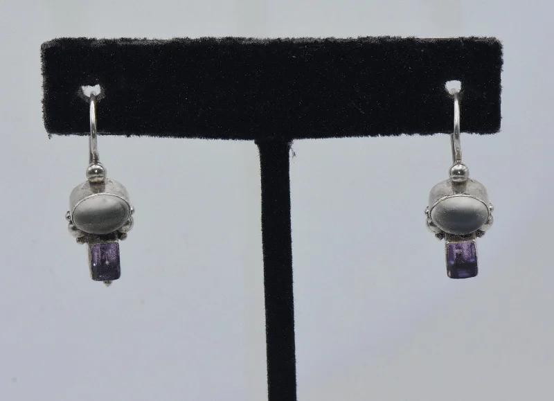 Casual Earrings for Summer Looks-Vintage Cat's Eye Moonstone and Amethyst Sterling Silver Earrings