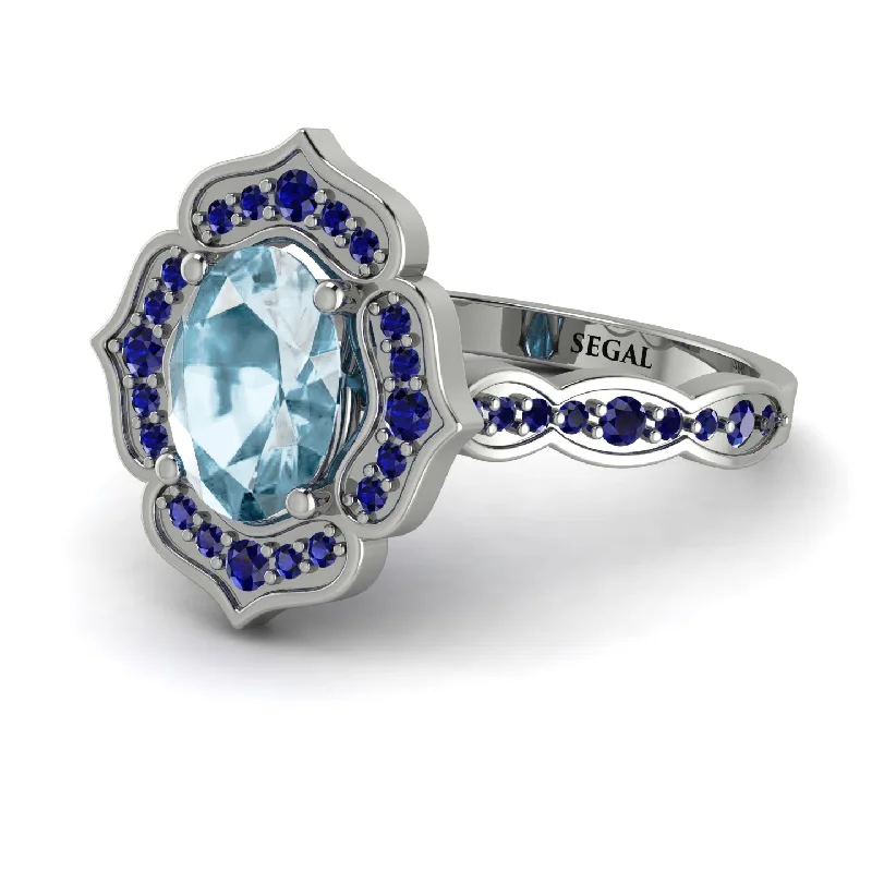 Multi-Gemstone Ring for Fashion Style-Decorated Halo Oval Aquamarine Engagement Ring - Faith No. 415