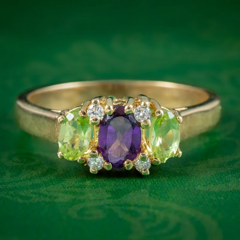 Chunky Statement Ring for Women-Edwardian Suffragette Style Amethyst Peridot Diamond Ring