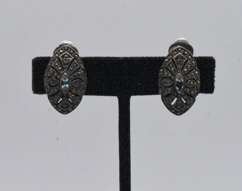 Statement Earrings for Special Occasions-Vintage Sterling Silver Blue Topaz and Marcasite Art Deco Style Clip On Earrings