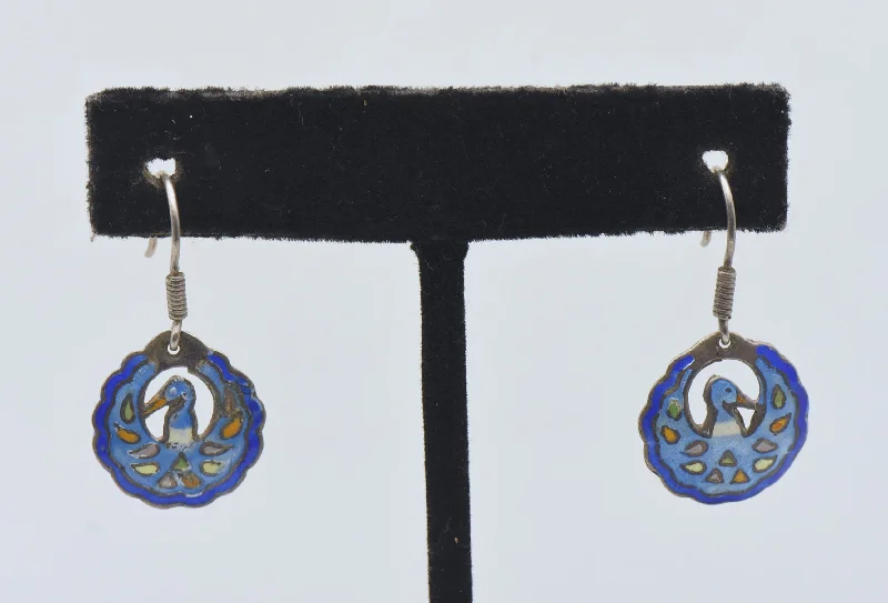 Cute Earrings for Everyday Wear-Vintage Sterling Silver Enameled Bird Motif Dangle Earrings