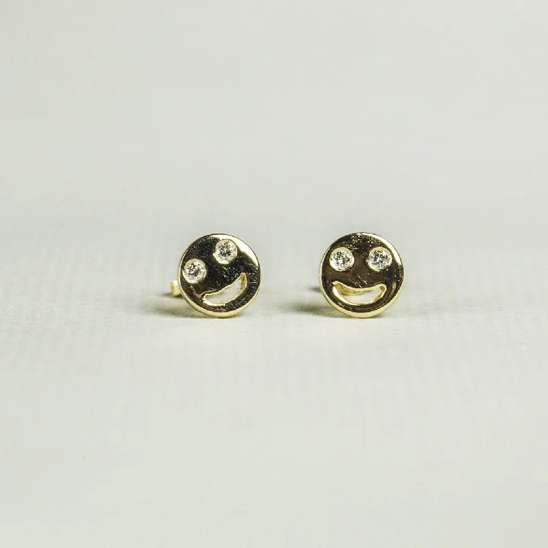 Statement Gold Earrings-Gold Smiley Face Stud Earrings