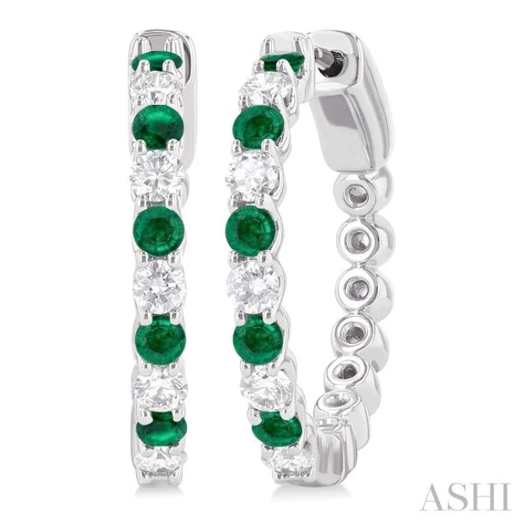 High Fashion Earrings for Women-5/8 ctw Round 2.4MM Emerald and Round Cut Diamond Precious Hoop Earring in 14K White Gold