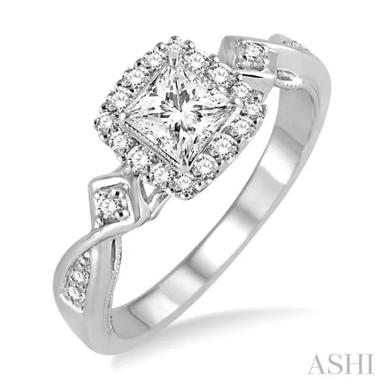 Classic Diamond Ring for Engagement-1/2 Ctw Diamond Engagement Ring with 1/5 Ct Princess Cut Center Stone in 14K White Gold