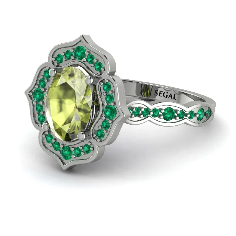 Elegant Silver Ring for Everyday Wear-Decorated Halo Oval Peridot Engagement Ring - Faith No. 706