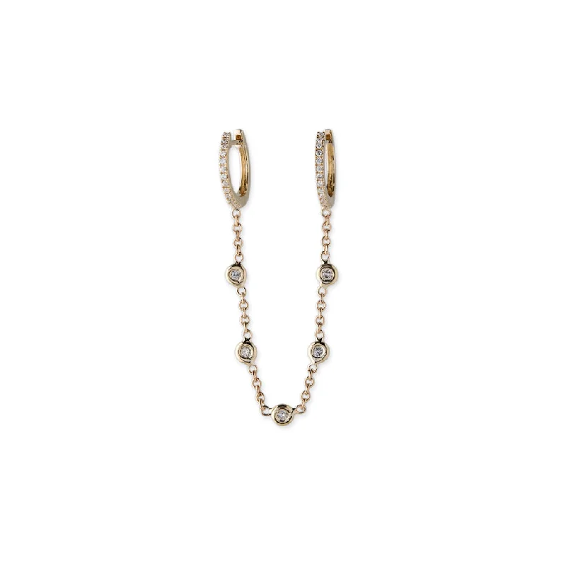 Simple Gold Hoop Earrings-PAVE MINI HOOP + 5 DIAMOND CHAIN EARRINGS