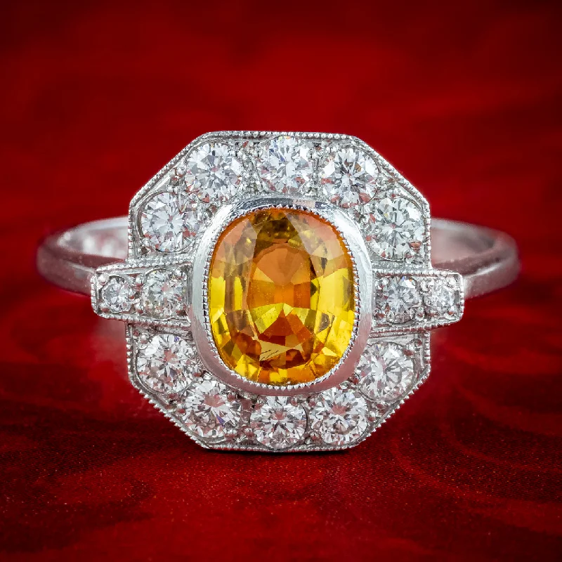 Matching Wedding Rings for Couples-Art Deco Style Yellow Sapphire Diamond Cluster Ring 1.2ct Sapphire