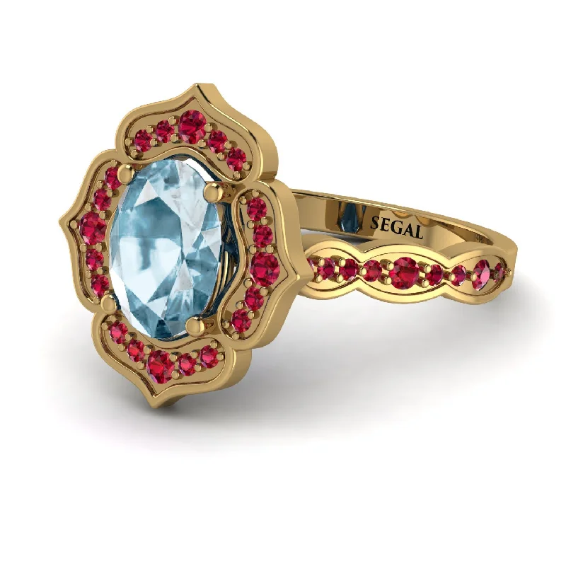 Custom Gold Ring for Special Occasions-Decorated Halo Oval Aquamarine Engagement Ring - Faith No. 410