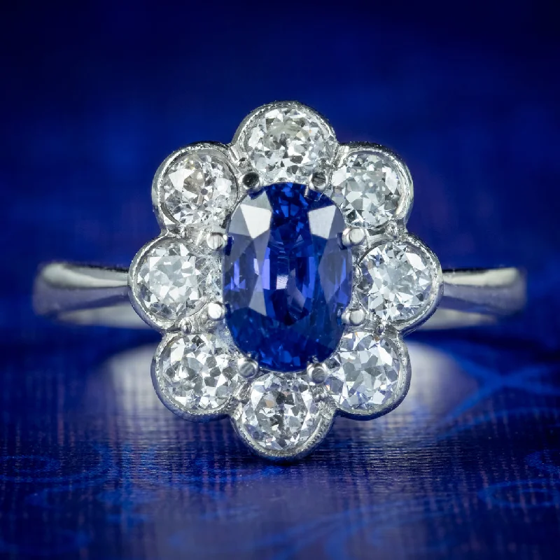 Solitaire Diamond Ring-Edwardian Style Sapphire Diamond Cluster Ring 1.65ct Sapphire