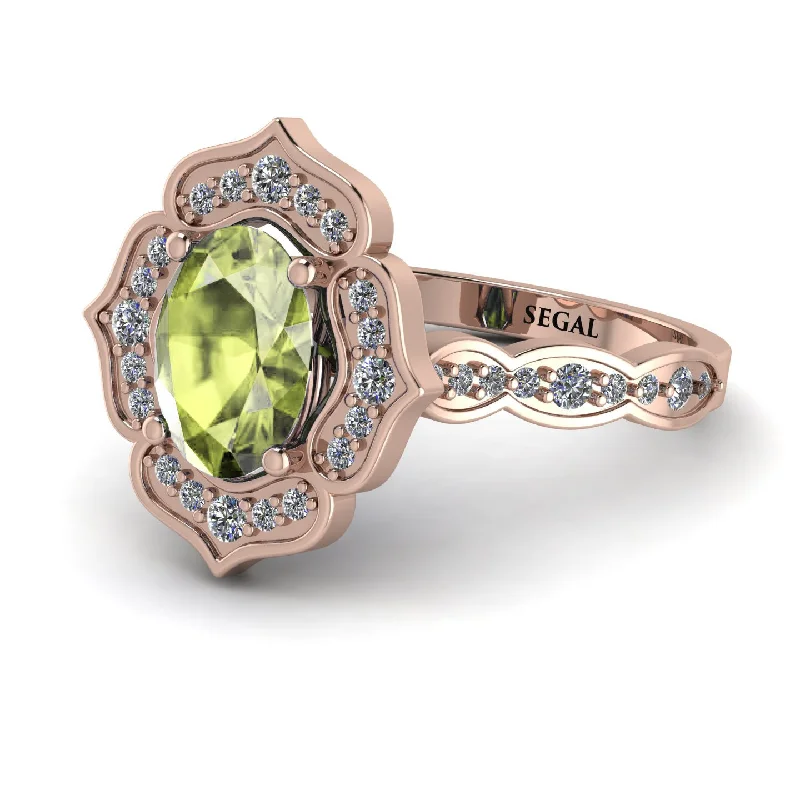 Custom Birthstone Ring for Fashion-Decorated Halo Oval Peridot Engagement Ring - Faith No. 702