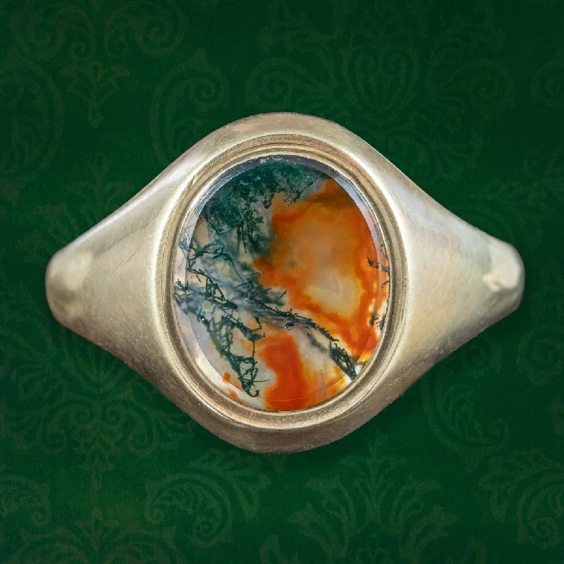 Designer Ring for Women-Vintage Moss Agate Signet Ring Dated 1965