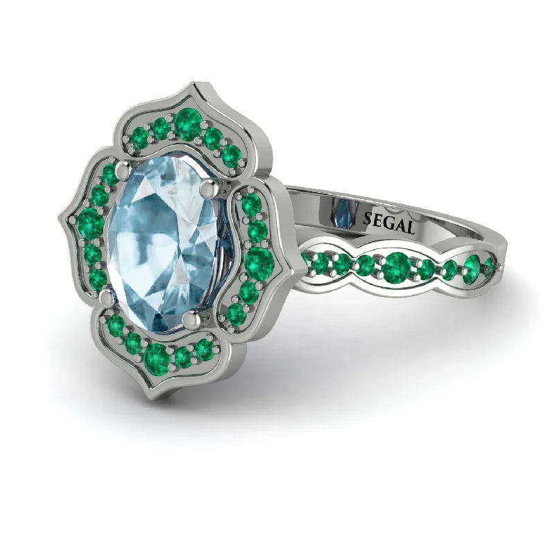 Women’s Wedding Ring with Emerald-Decorated Halo Oval Aquamarine Engagement Ring - Faith No. 406