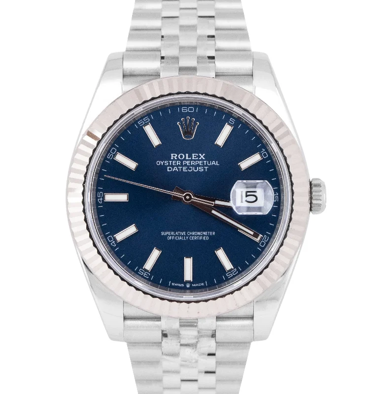 Leather Strap Watches for Women with Date Function-STICKERED OPEN PAPERS Rolex DateJust 41 Blue Steel Jubilee 41mm Watch 126334 B+P