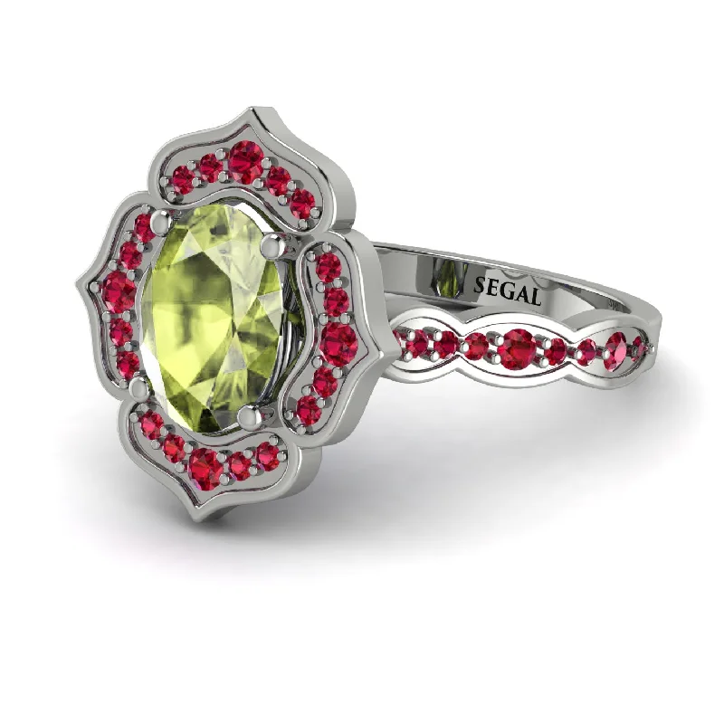 Wedding Ring with Custom Engraving-Decorated Halo Oval Peridot Engagement Ring - Faith No. 712