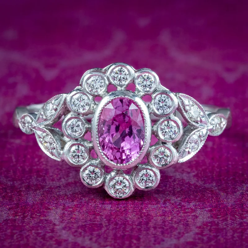 Simple Gold Band Ring-Edwardian Style Pink Sapphire Diamond Daisy Cluster Ring 0.60ct Sapphire