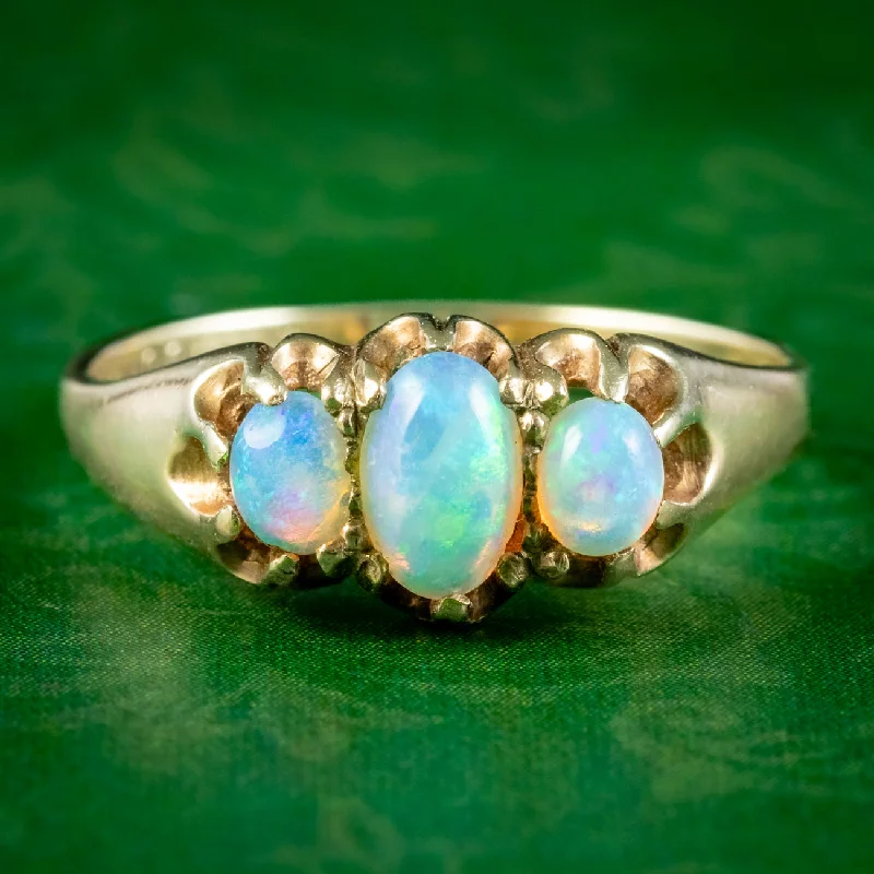 Silver Wedding Ring for Women-Vintage Opal Trilogy Ring 0.80ct Total Dated 1958