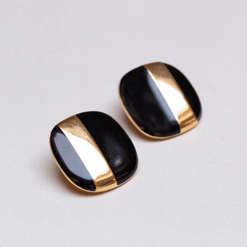 Large Statement Earrings-Vintage Gold and Black Enamel Clip-on Earrings