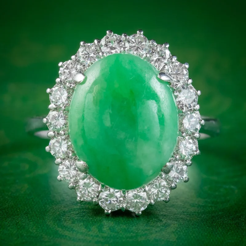 Stackable Silver Rings for Fashion-Vintage Jade Diamond Cluster Ring 18ct White Gold 8ct Jade 1.50ct Of Diamond