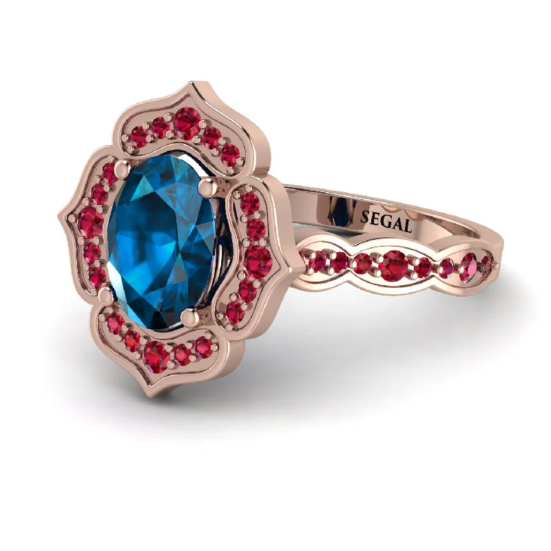 Gold Ring with Gemstones-Decorated Halo Oval Blue Topaz Engagement Ring - Faith No. 511