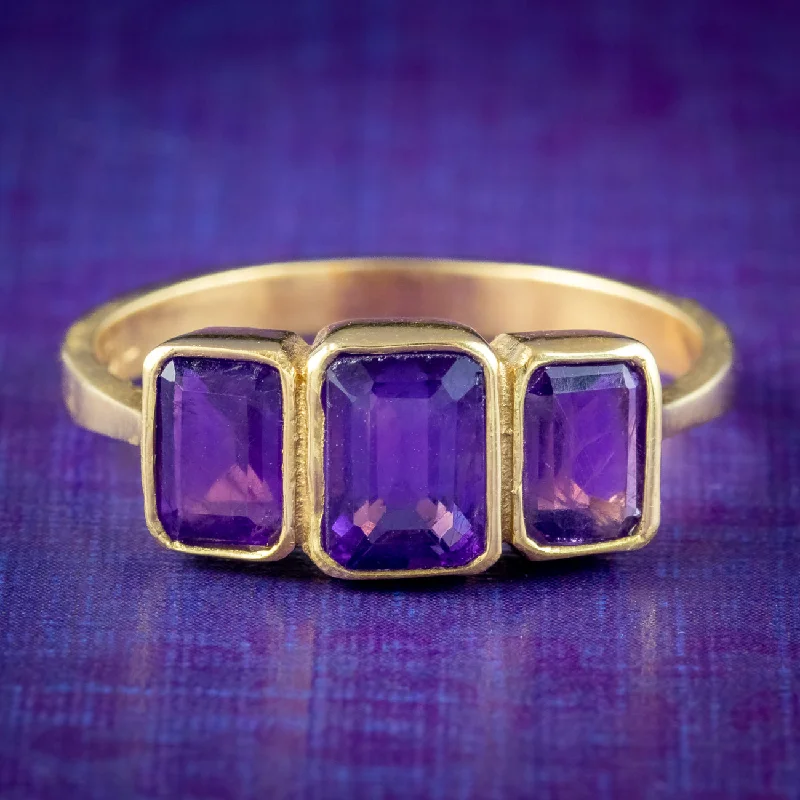 Stackable Rings for Women-Art Deco Style Amethyst Trilogy Ring 2.2ct Total