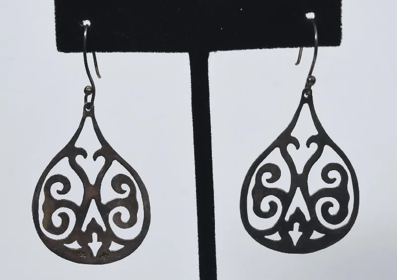 Modern Gold Earrings-Vintage Flat Pierced Design Sterling Silver Dangle Earrings