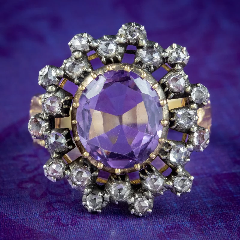 Personalized Wedding Band for Couples-Antique Georgian Amethyst Diamond Cluster Ring 4.5ct Amethyst