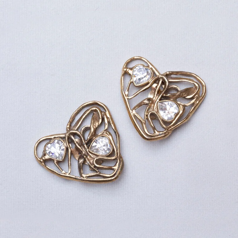 Trendy Earrings for Young Adults-Vintage Heart Clip-on Earrings with Rhinestones