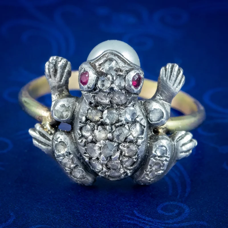 Classic Diamond Ring for Engagement-Victorian Style Diamond Pearl Frog Ring Ruby Eyes