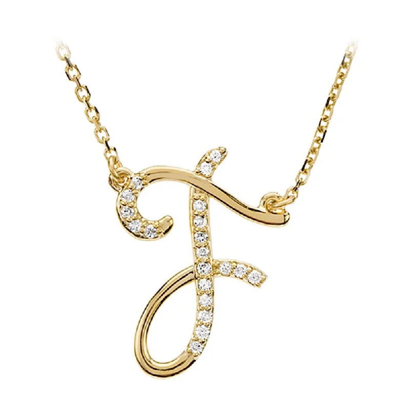 Stylish Gem Necklace for Women-1/10 Ctw Diamond 14k Yellow Gold Medium Script Initial F Necklace 17in