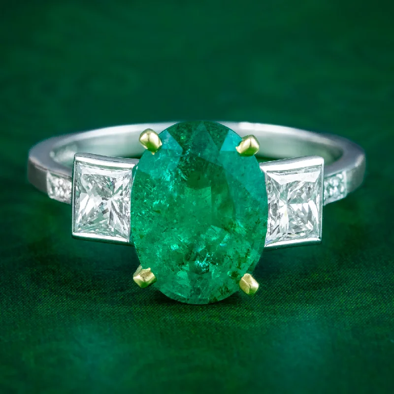 Personalized Birthstone Ring for Mom-Art Deco Style Emerald Diamond Trilogy Ring 2.51ct Emerald With Cert