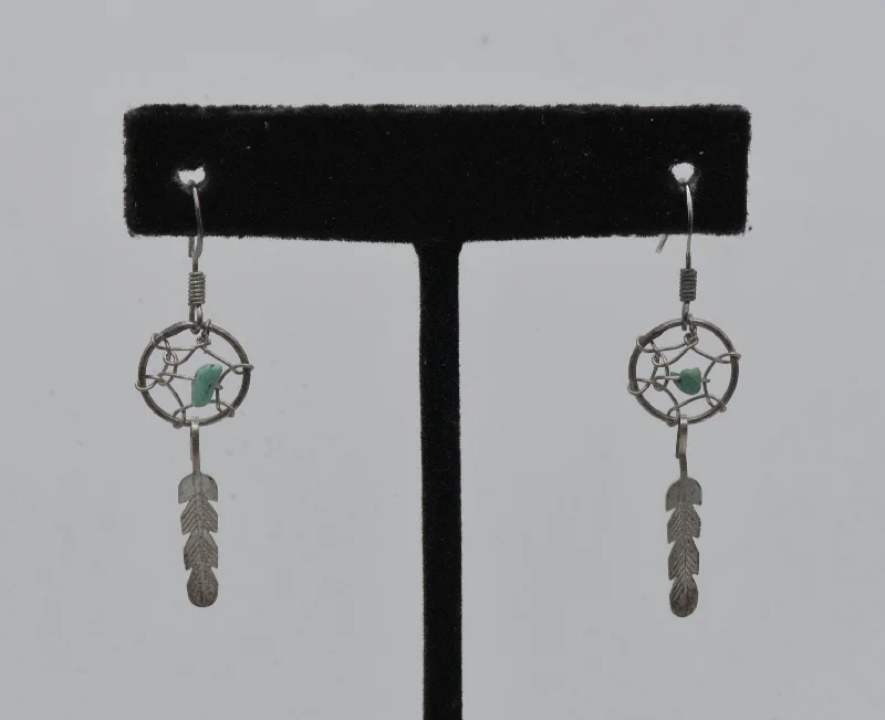 Elegant Diamond Earrings for Women-Vintage Silver and Turquoise Dreamcatcher Earrings