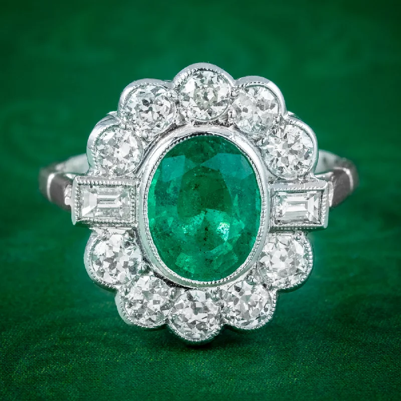 Stylish Gold Ring for Special Occasions-Art Deco Style Emerald Diamond Cluster Ring 2ct Emerald