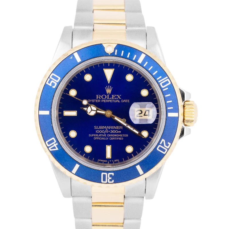 Men's Watches with Multi-Function Features-Rolex Submariner Date BLUE 18K Yellow Gold Stainless Steel 40mm Watch 16803