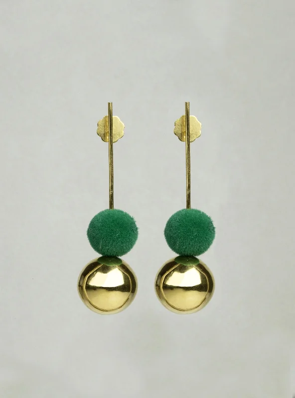 Soft Silver Earrings for Sensitive Ears-Drop Earrings with Gold Orb and Green Pompom