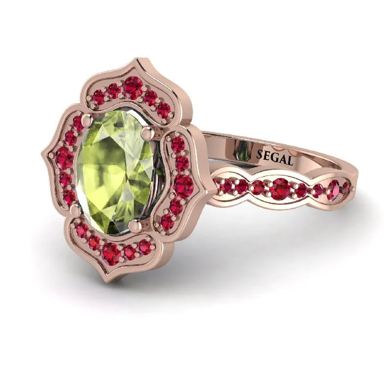 Personalized Wedding Band for Couples-Decorated Halo Oval Peridot Engagement Ring - Faith No. 711