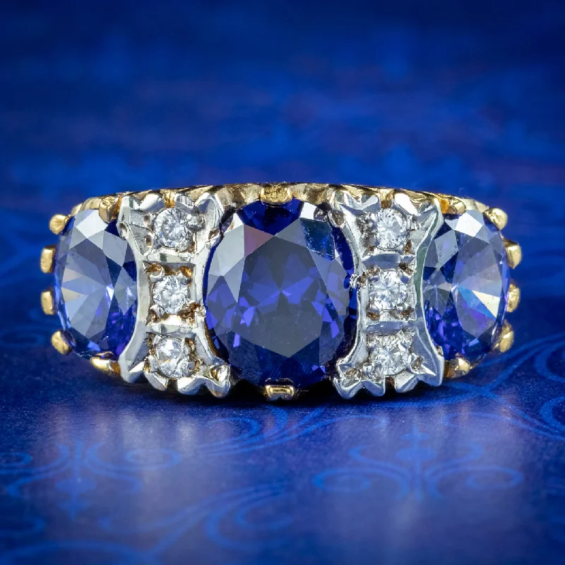 Unique Wedding Ring for Him and Her-Victorian Style Carved Half Hoop Cz Tanzanite Trilogy Ring