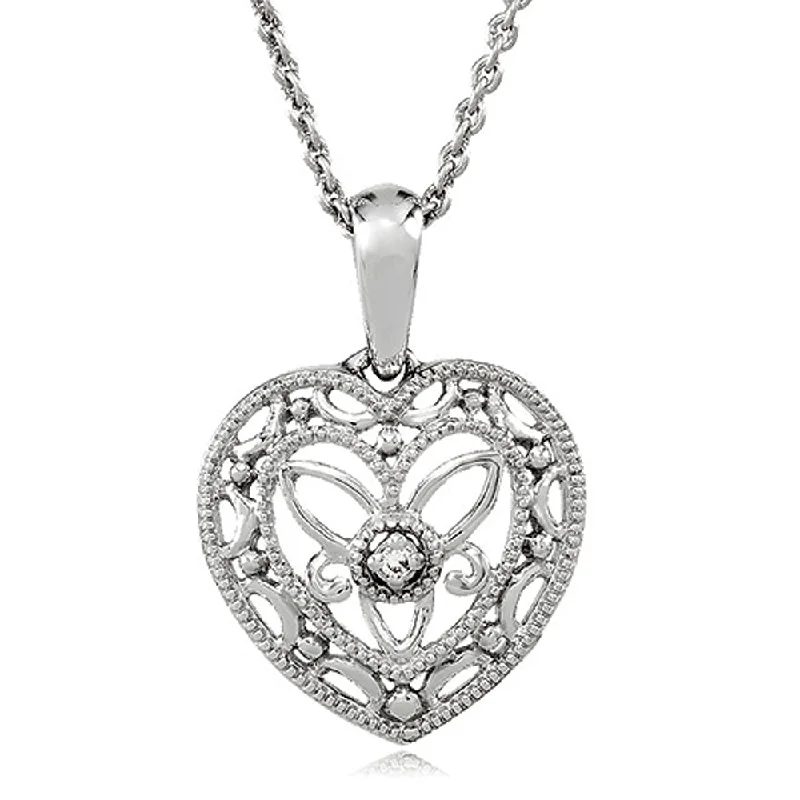 Long Pendant Necklace-Vintage Style Diamond Heart Necklace in Sterling Silver