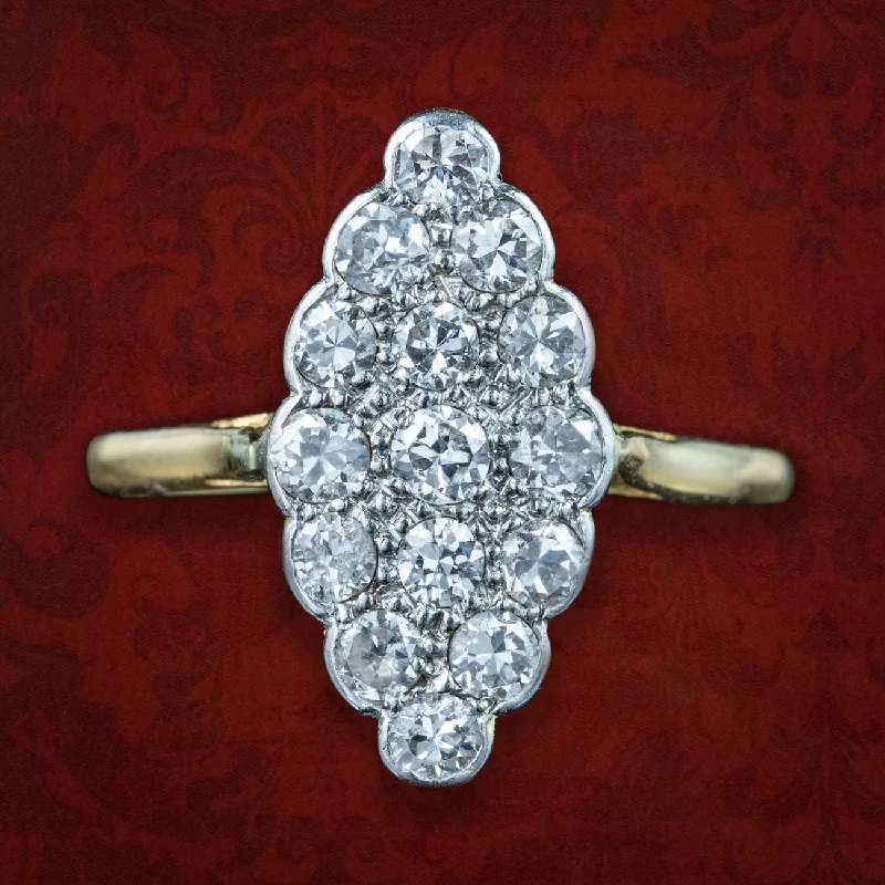 Bold Stackable Rings for Fashion-Antique Edwardian Diamond Navette Cluster Ring 1.06ct Total