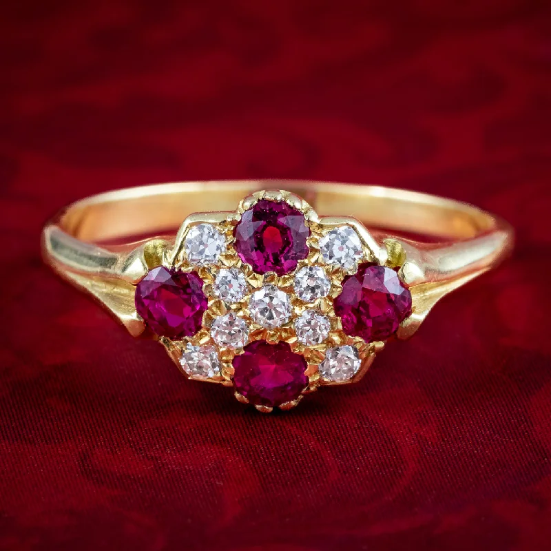 Silver Wedding Ring for Couples-Antique Victorian Ruby Diamond Cluster Ring 0.60ct Ruby