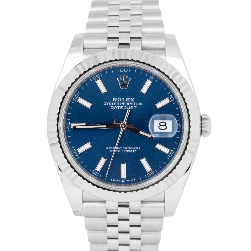 Eco-Friendly Watches for Women with Wood Straps-NEW MARCH 2023 Rolex DateJust 41 Blue Stainless Steel JUBILEE Watch 126334 B+P