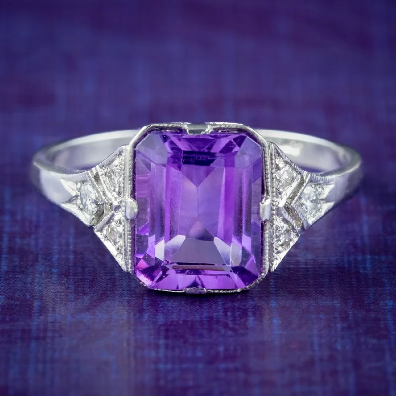 Custom Silver Ring for Special Gifts-Art Deco Style Amethyst Diamond Ring 2.8ct Amethyst