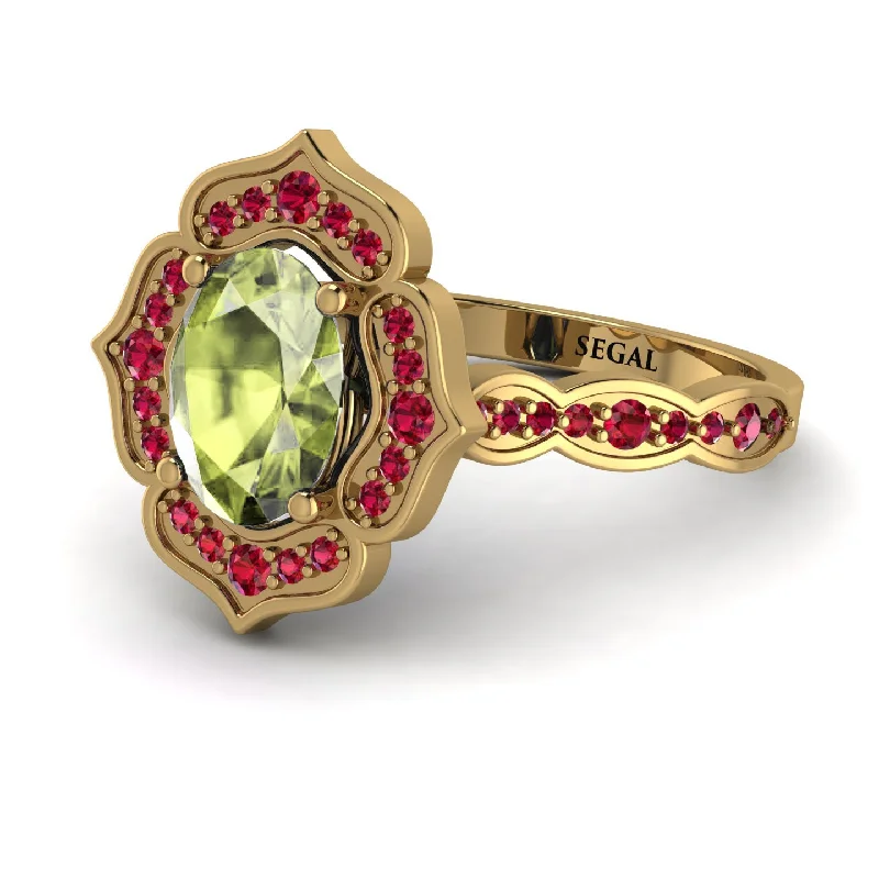 Emerald Ring for Wedding-Decorated Halo Oval Peridot Engagement Ring - Faith No. 710