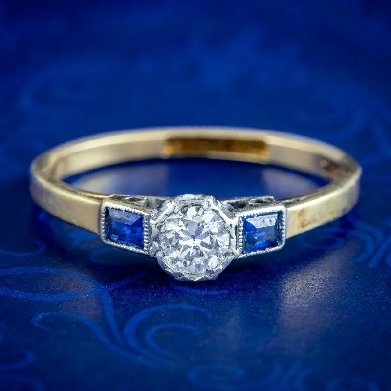 Pearl Ring for Elegant Look-Antique Art Deco Diamond Sapphire Trilogy Ring 0.30ct Diamond