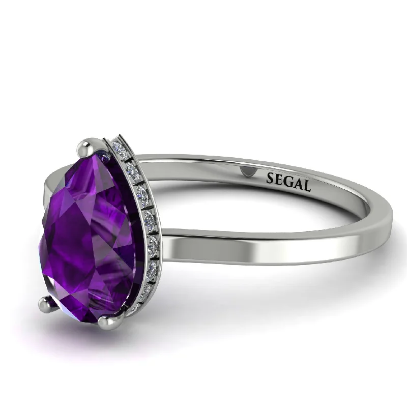 Simple Wedding Band for Women-Hidden Halo Pear Amethyst Engagement Ring - Mary No. 303