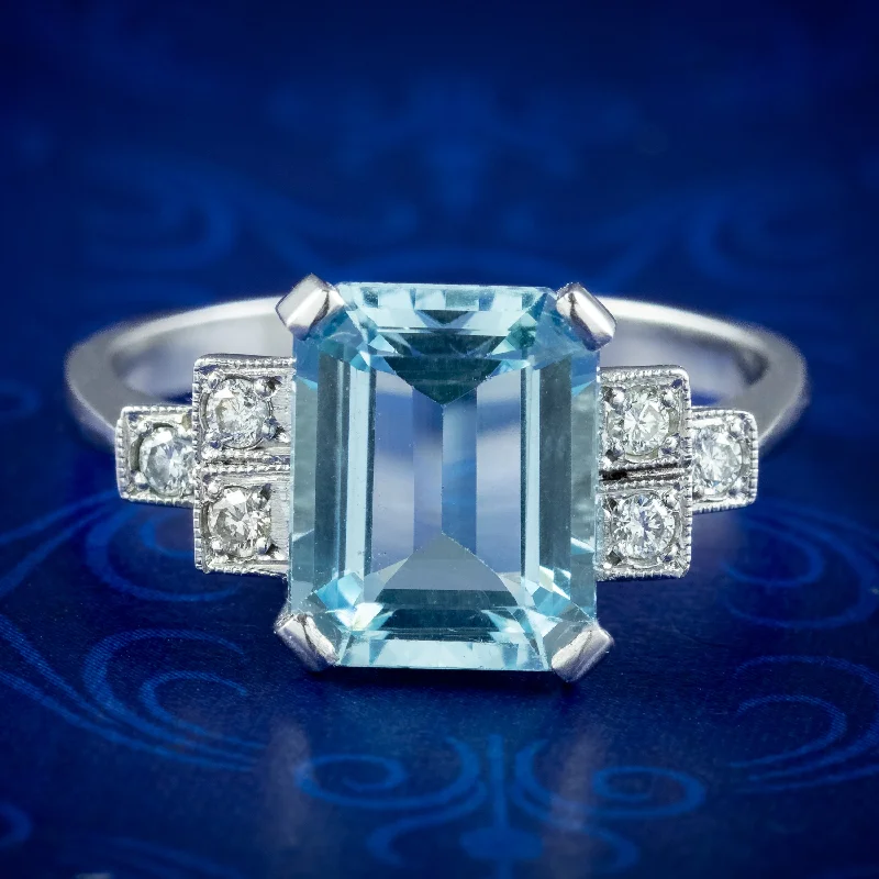 Diamond Ring for Women-Art Deco Style Aquamarine Diamond Ring 3.5ct Aqua