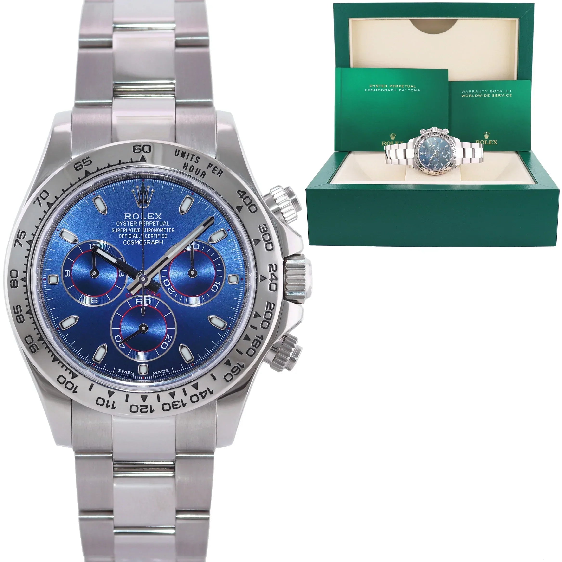 Classic Watches with Leather Strap for Men-MINT 2022 Rolex Daytona Blue Dial Cosmograph Chrono 116509 White Gold Watch Box