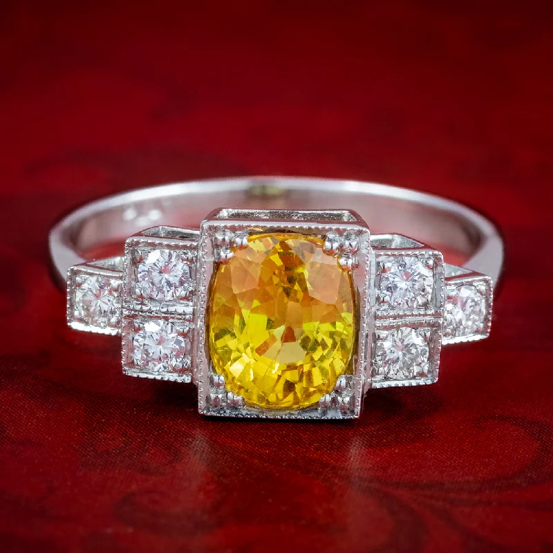 Custom Name Ring for Personal Touch-Art Deco Style Yellow Sapphire Diamond Ring 2ct Sapphire