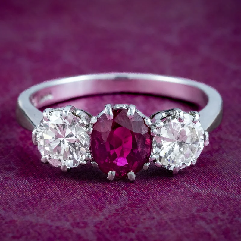 Personalized Ring with Custom Engraving-Edwardian Style Ruby Diamond Trilogy Ring 0.90ct Ruby 1.6ct Diamond