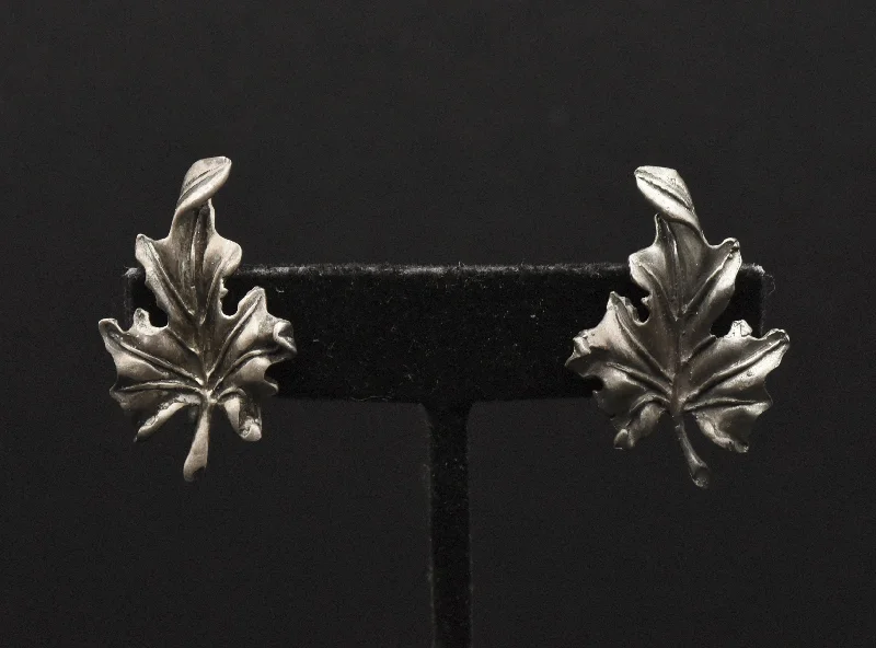 Silver Earrings for Women with Sensitive Skin-Vintage Sterling Silver Leaf Screw Back Earrings